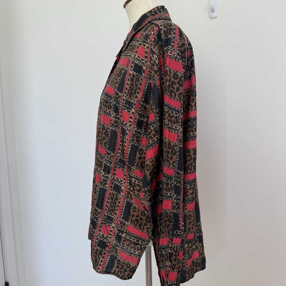 Vintage Anna and Frank 100% Silk Button Down Blouse Leopard Chain Classic Size L - Picture 5 of 12